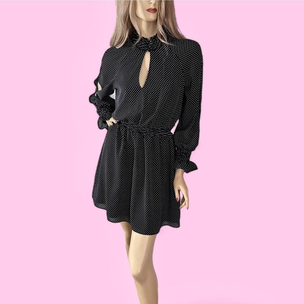 Black Swiss Dot Ruffle Mini Dress Small Sheer Sleeve Coquette Date Night - Picture 2 of 10